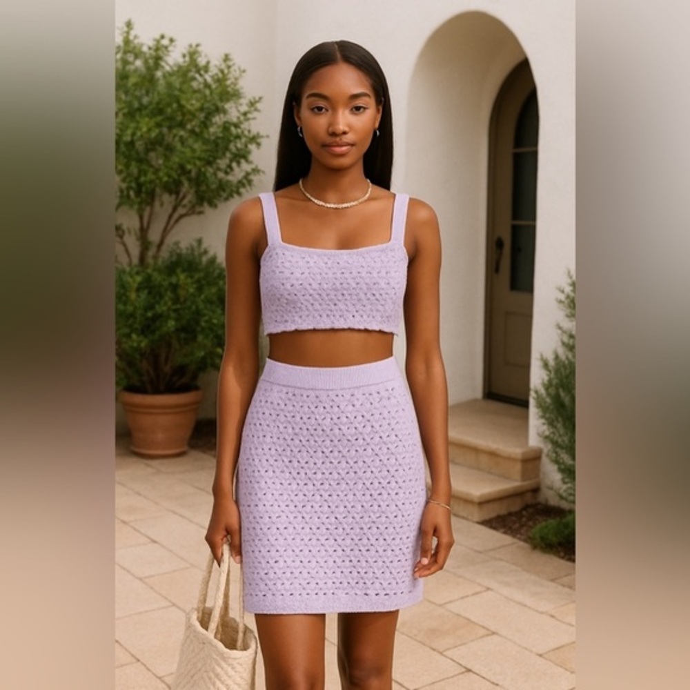 For Love & Lemons Light Purple Charlotte Crochet Knit Set Top Skirt NWT M #2524